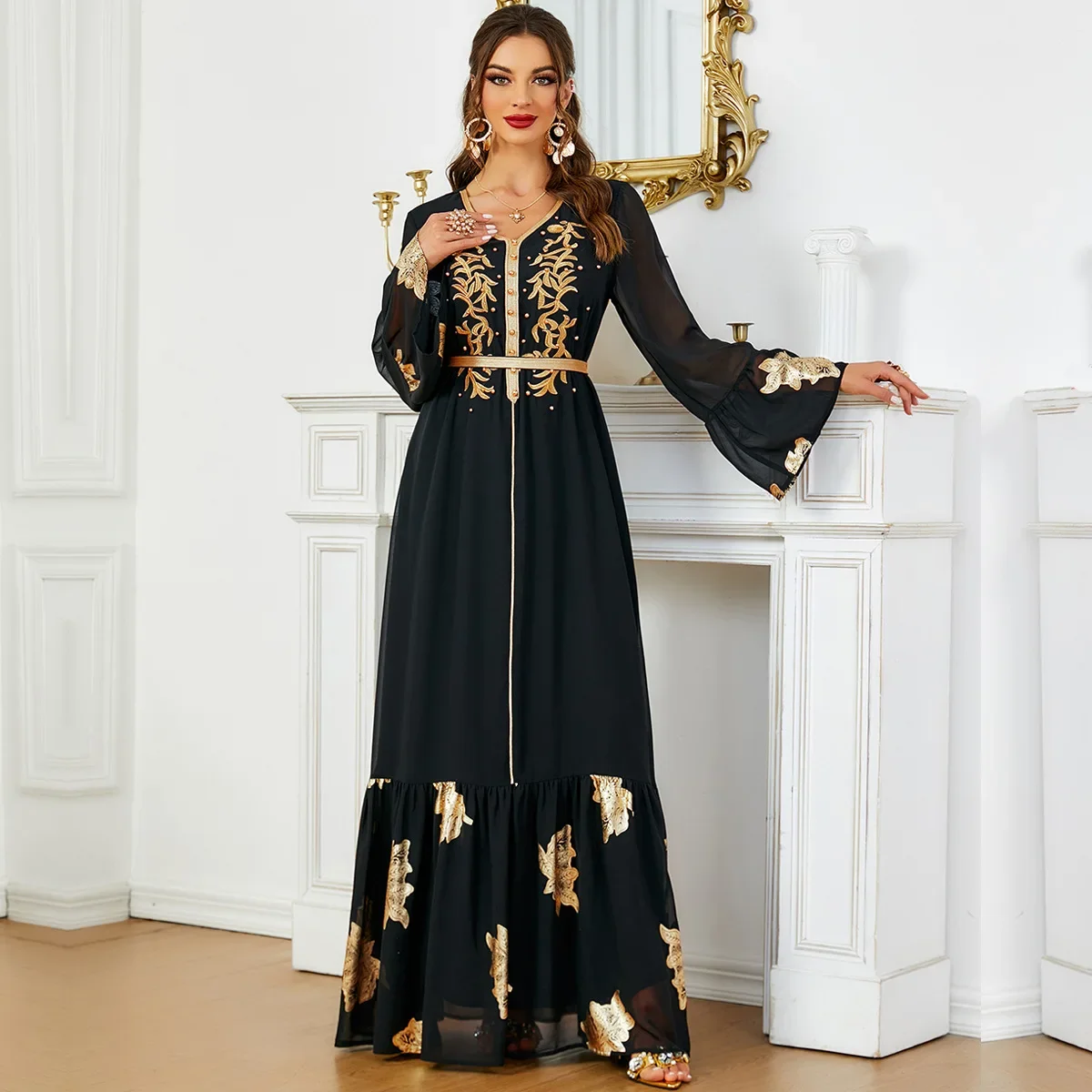 European American and Middle East Premium Muslim Women's Robe Dubai Saudi Arabian Multicolor Gold-Stamped Embroidery Abaya Dress