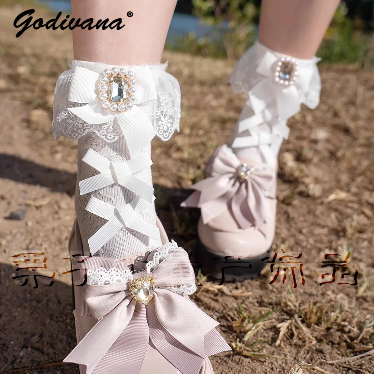 Japanese Style Cute Girl Mass-produced Square Diamond Gem Bow Lace Socks White Black Women's Lolita Cotton Socks