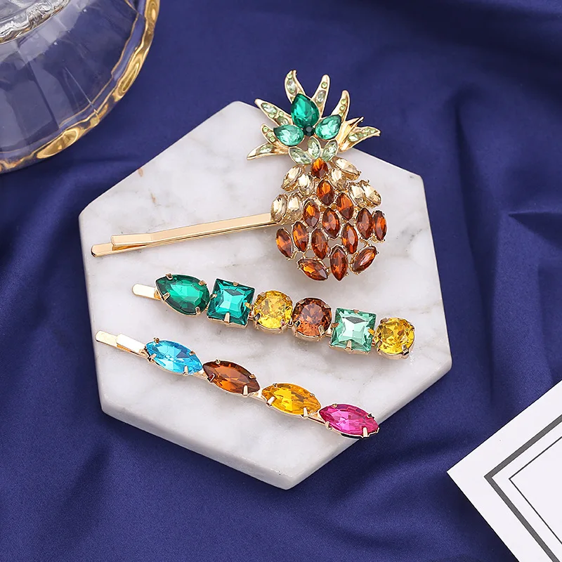 Luxury Barrette Hairpin Hair Pin Accessories Wedding Cute Sweet Rainbow Gems Crystal Rhinestone Flamingo Pineapple Hair Clip Set