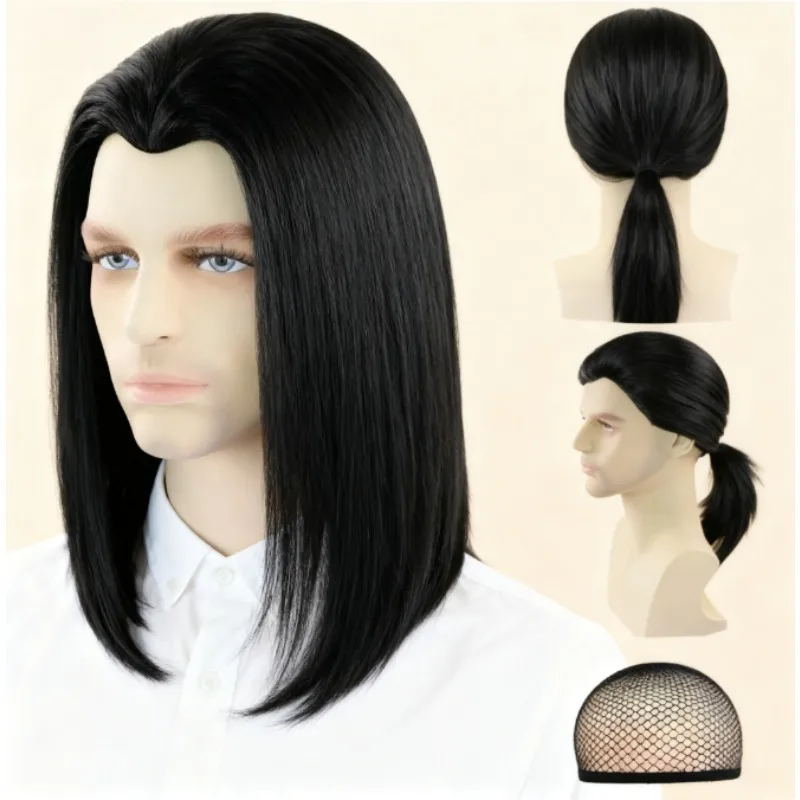 Peluca Hitman negra para hombre cola de caballo sintética | Asesino Keanu - Vincent Vega Cosplay |   Disfraz de fiesta de Halloween de los años 90