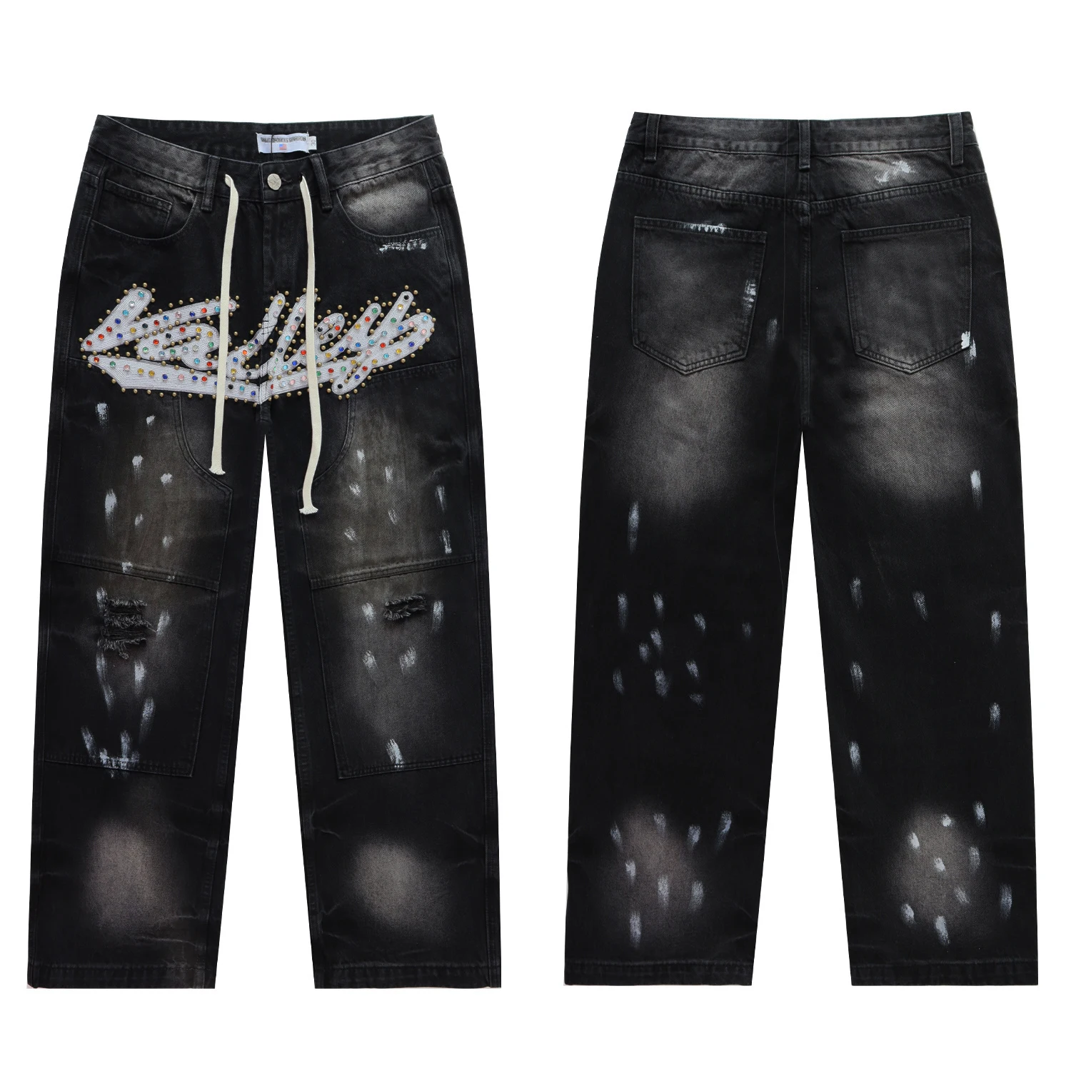 

New Fashion Diamond Washed Vintage Baggy Jeans for Men Straight Embroidery Shinning Rhinestone Denim Trousers Oversized