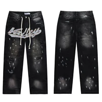 Nuevos Jeans Baggy Vintage con Diamantes Lavados para Hombre, Pantalones Vaqueros Rectos con Bordado y Pedrería Brillante, Talla Grande
