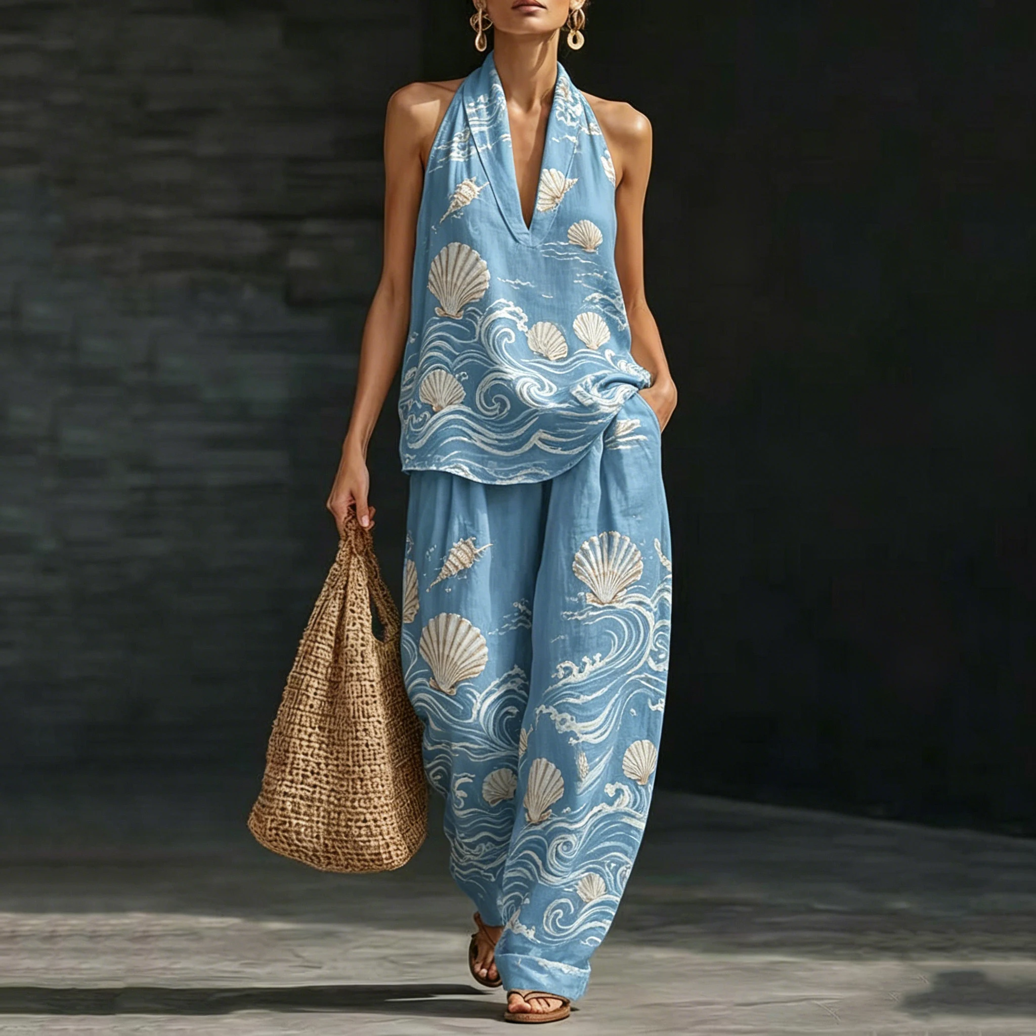 

Seashell Print Women Two Piece Sets Outfits Summer Halter Neck Sleeveless V-Neck Top & Wide Leg Pants Set Vacation Outfit