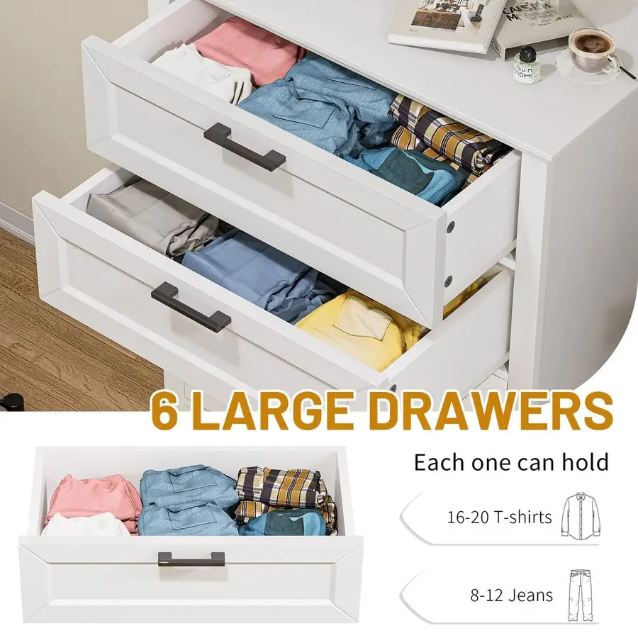 Cassettiera a 6 cassetti, cassettiera bianca alta 55 pollici per camera da letto, cassettiera moderna in stile fattoria per soggiorno camera da letto, legno