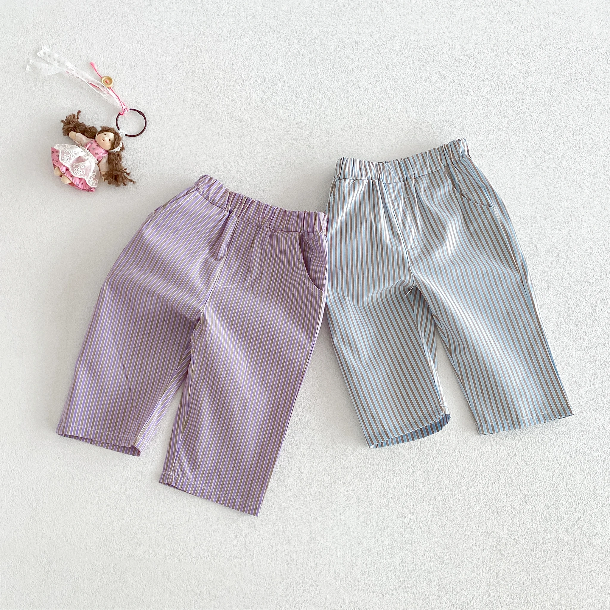 Korean-Style Summer New Arrivals, Unisex Children's Vertical Striped Casual Versatile 9-Inch Pants