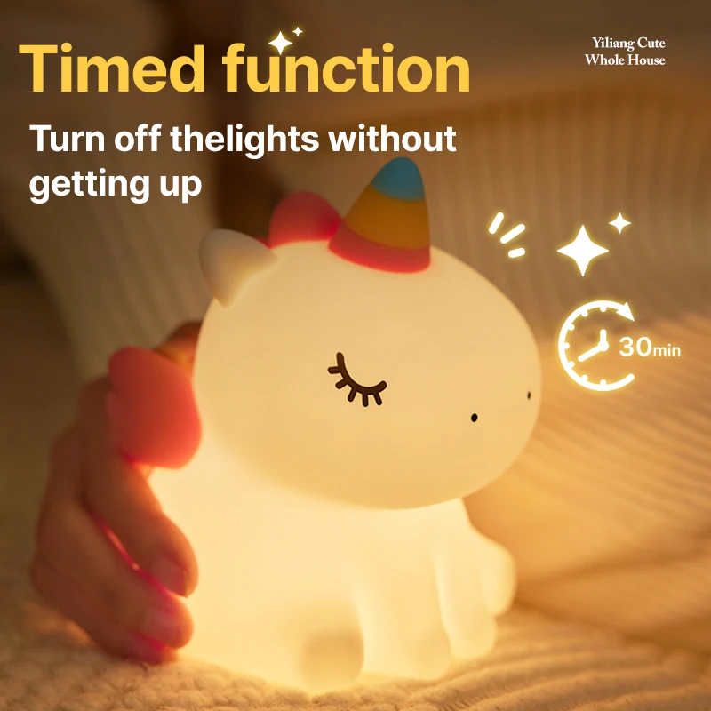 Unicorn Night Light Cute Silicone Night Light Creative Pat Lamp Touch USB Charging Cartoon Bedroom Decor Children Birthday Gift