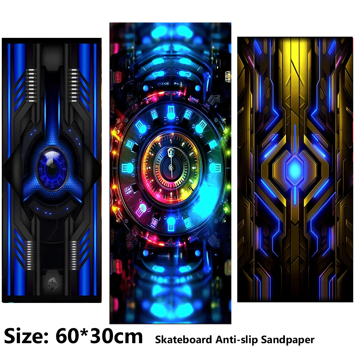 電動スクーター滑り止めステッカー-サンドペーパー-スケートボード-グリップテープ-シート-60-30cm-ネオンブルー-クールメカパターン