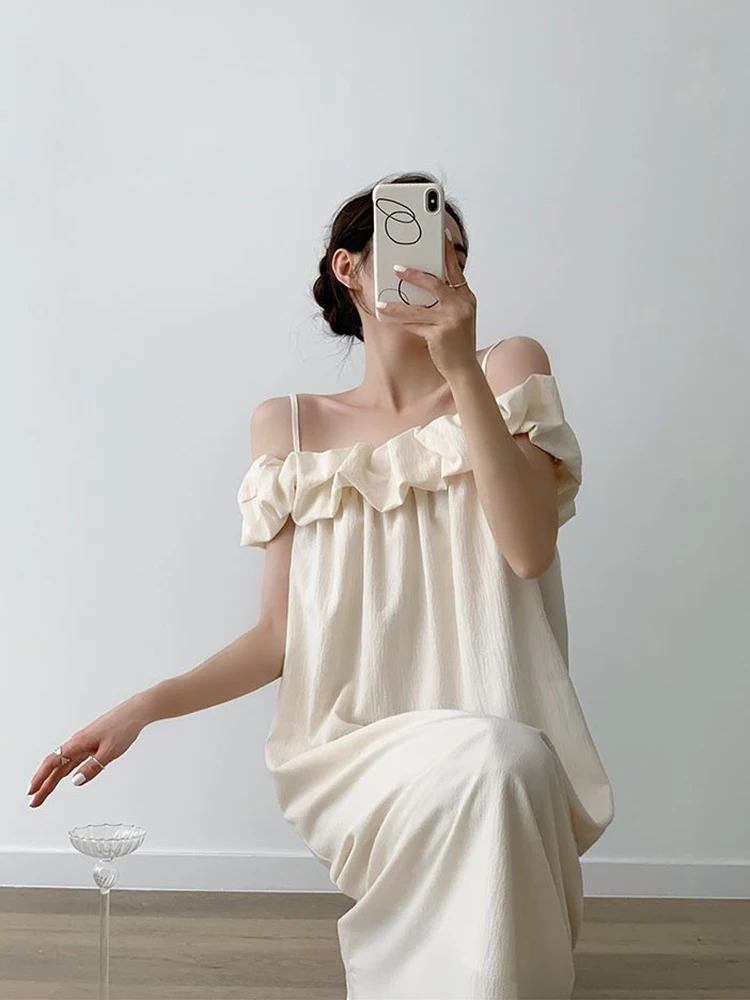 Robe française élégante à col Slash, Y2K, Vintage, bretelles Spaghetti, ample, esthétique, plage, vacances, ligne A, été