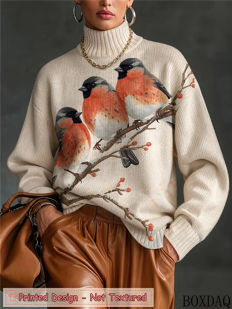 Beautiful Bullfinch Birds Print Blouse Women's Autumn Winter Turtleneck Long Sleeve Loose Shirts Knit Ladies Casual Daily Tops