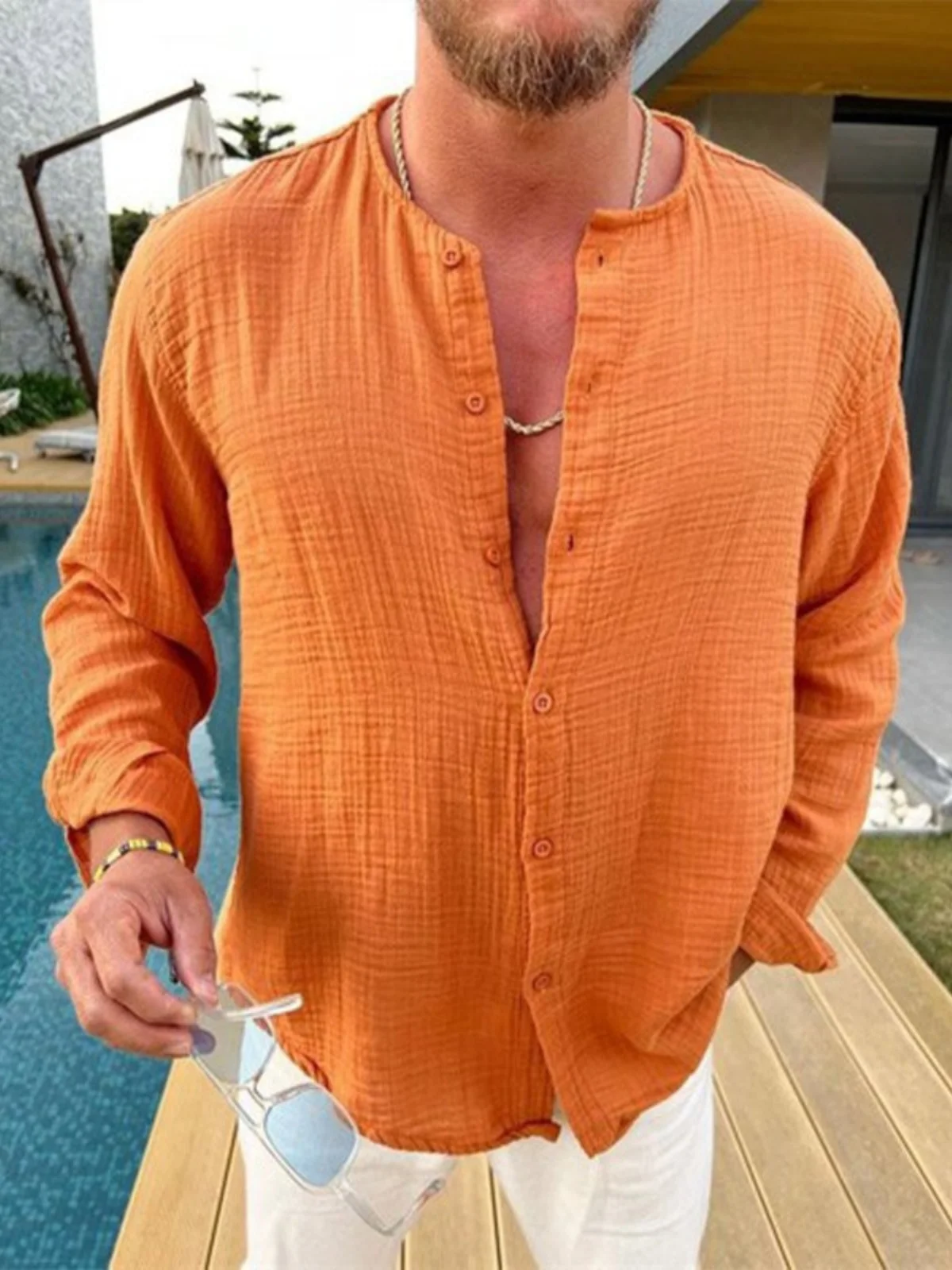 

Мужские летние повседневные длинные свеки с морщинами, удобные цветные модели с подставкой, молодежные модные на пуговицах, без железного модала