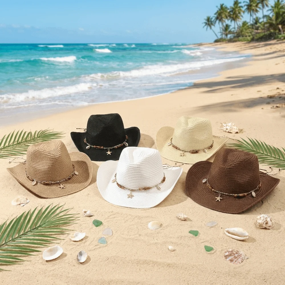 Western Style Acrylic Fibers Straw Cowboy Hat Conch Shell Windproof Sun Hat Breathable Foldable Floppy Hat Outdoor