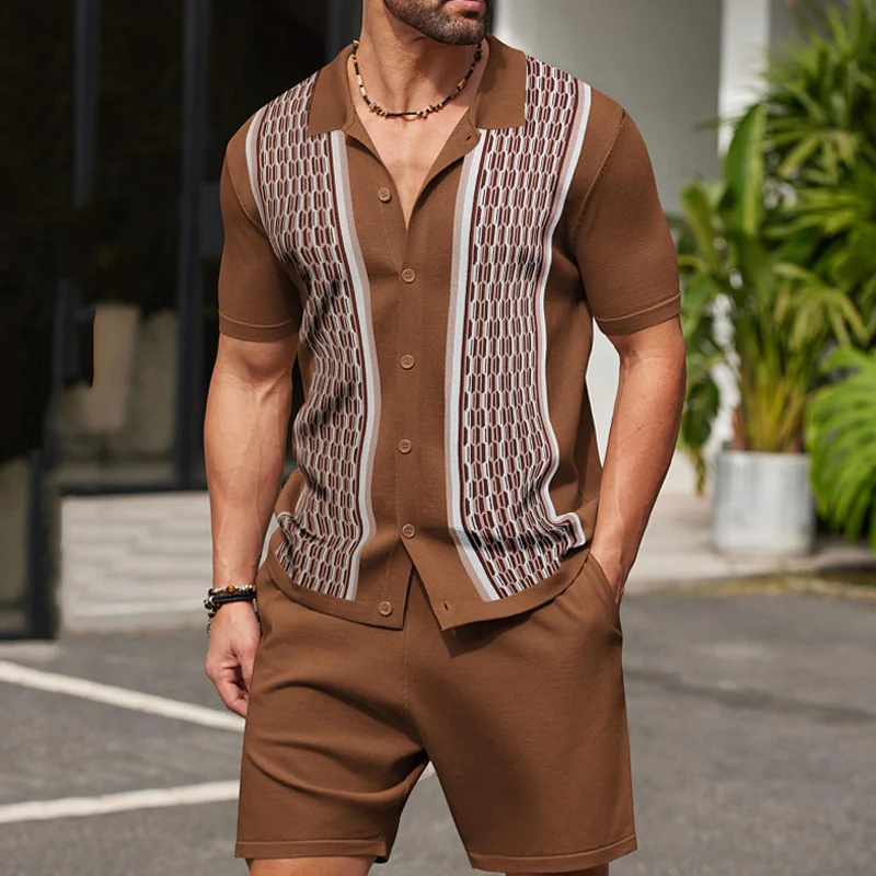 Vintage Patchwork Crochet Knit Mens Two Piece Sets Summer Daily Casual Short Sleeve Shirt And Shorts Mens Knitted Outfits Suits