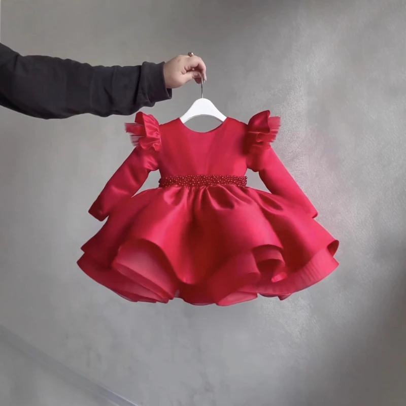 2026 Girls Red Dress Baby Princess Gown Birthday Banquet Host PianoParty Celebration Costume Performance Puffy Skirt Formal