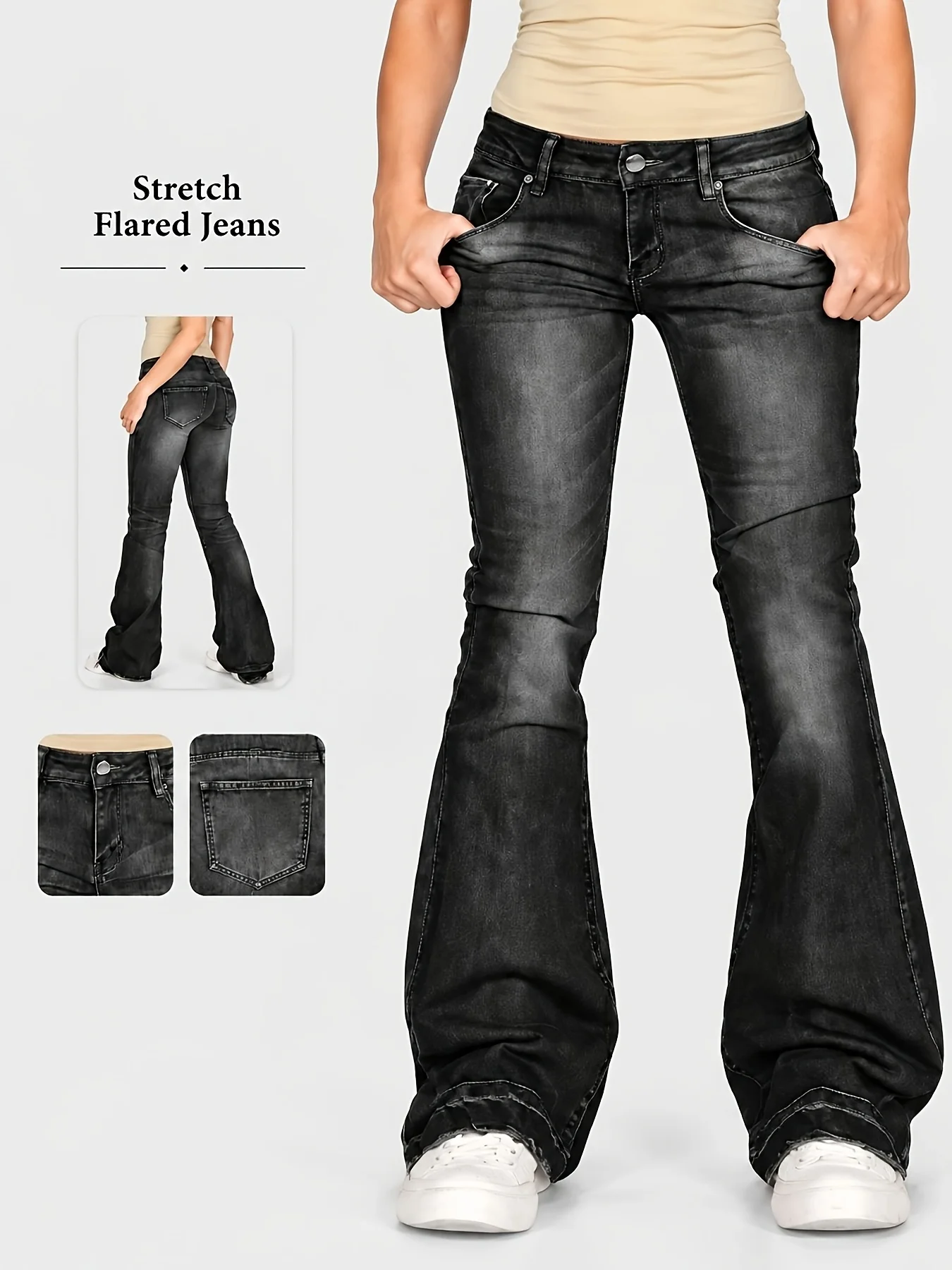 Women's Fashion and casual Flared Jeans,Distressed Vintage Wash Black Bootcut Denim Pants,Stretchy Comfortable Y2K Style,Fashionable and versatile,The perfect gift for any occasion,Lady's new autumn denim trousers
