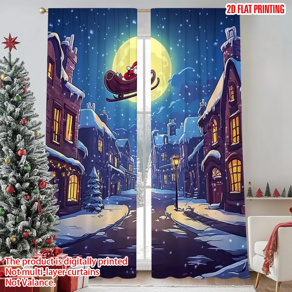 

2pcs 2D flat printing Merry Christmas Party Curtains Santa Claus Christmas night Durable Polyester Without Electricity Festive