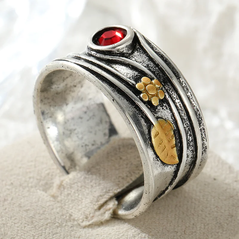 Vintage Flower Leaf Wide Face Ring Women's Multi Layered Streamlined Design Silver Plated Ring Daily Casual Street Style Jewelry