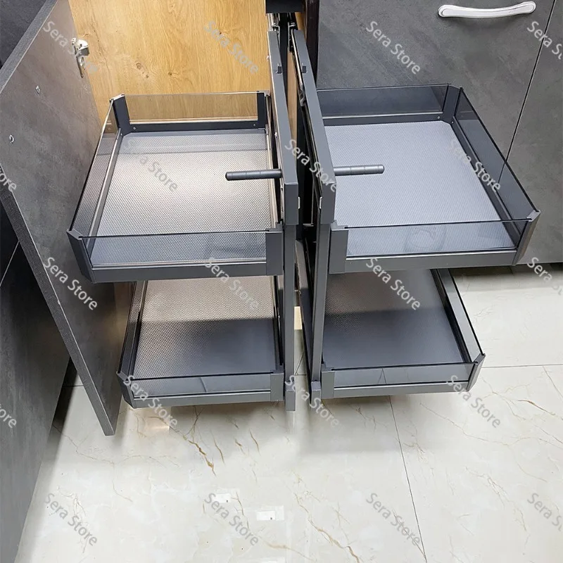 Multifunctional Built‑in Corner Pull Out Basket, Kitchen Cabinet Pull‑out Organizer Rack for Blind Corner Cabinet Space Saving