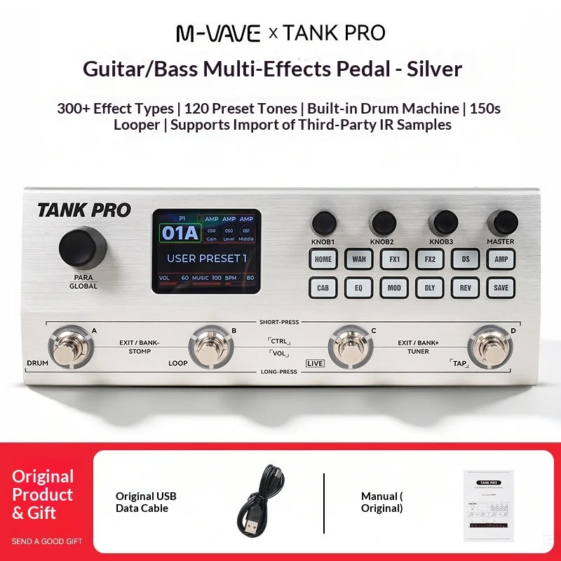 M VAVE TANK PRO Guitar Bass Effects Processor with 300 Presets 117dB SNR 7H Battery USB Recording IR Cab Sim