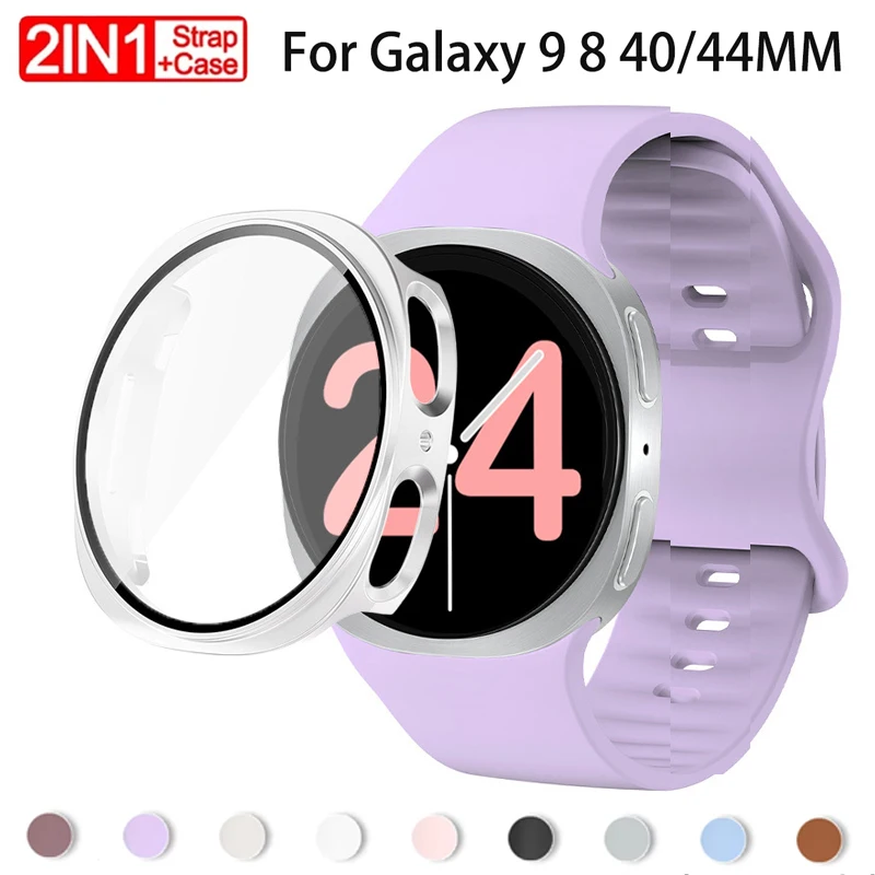 Silicone Strap+PC Case for Samsung Galaxy watch 9 8 44mm 40mm Glass Correa Bracelet Galaxy watch 9 8 Sport watch Accessor+