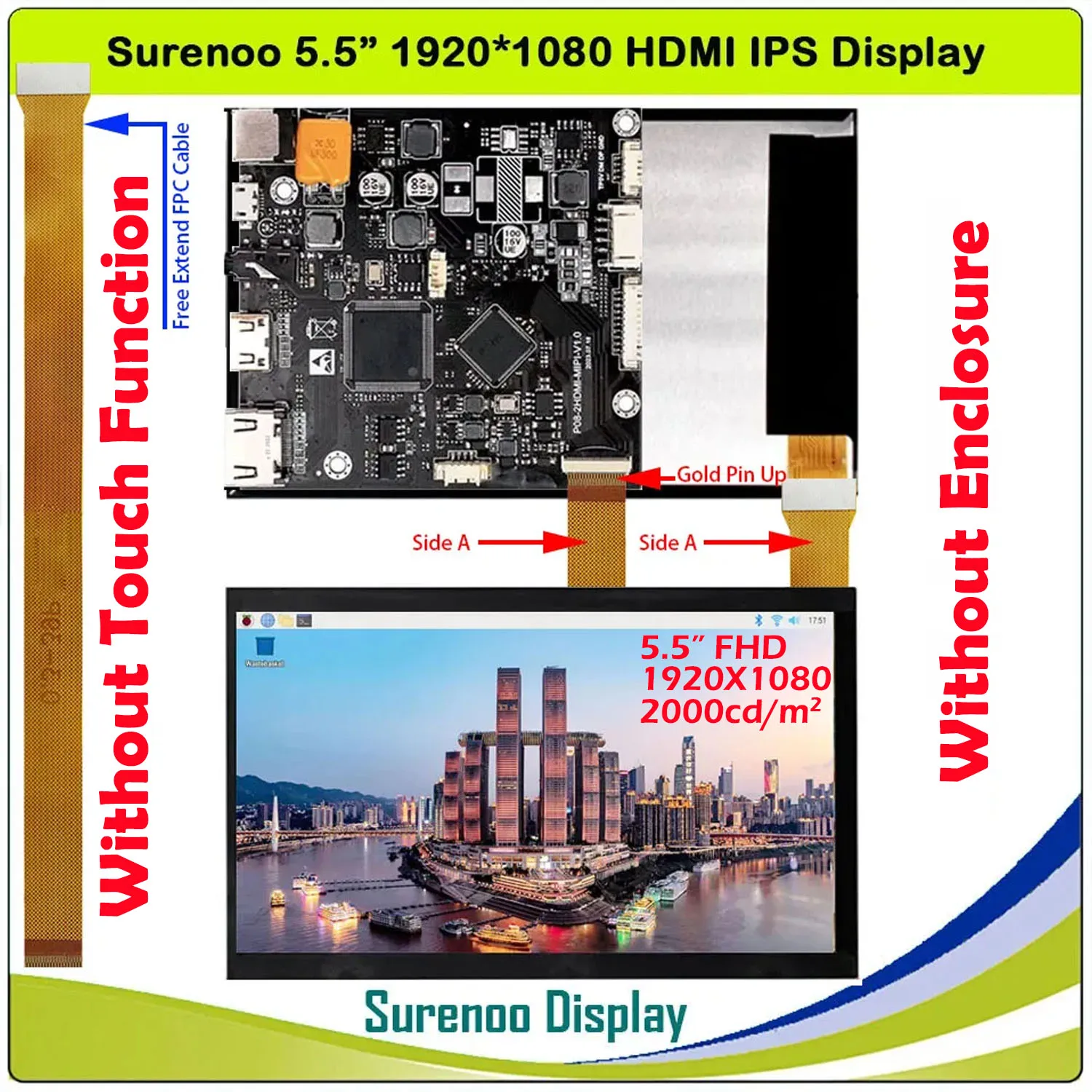 

2000cd/m2 High Brightness Display 5.5" 1920*1080 FHD HDMI-Compatible IPS LCD Module Monitor Panel Outdoor Sunlight SunShine