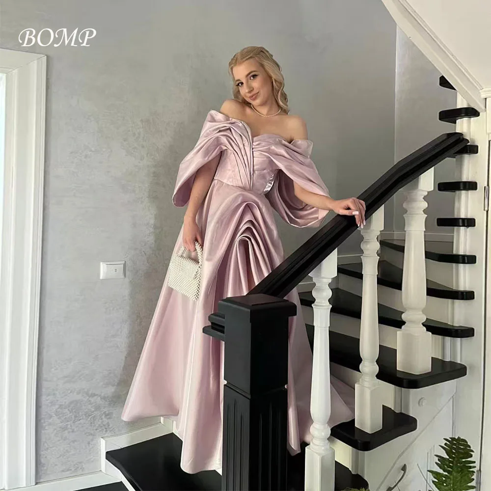 

BOMP Elegant Pleaat Pink Evening Gown Off Shoulder Jacket Draped Floor Length Satin Special Occasion Birthday Party Dress Custom
