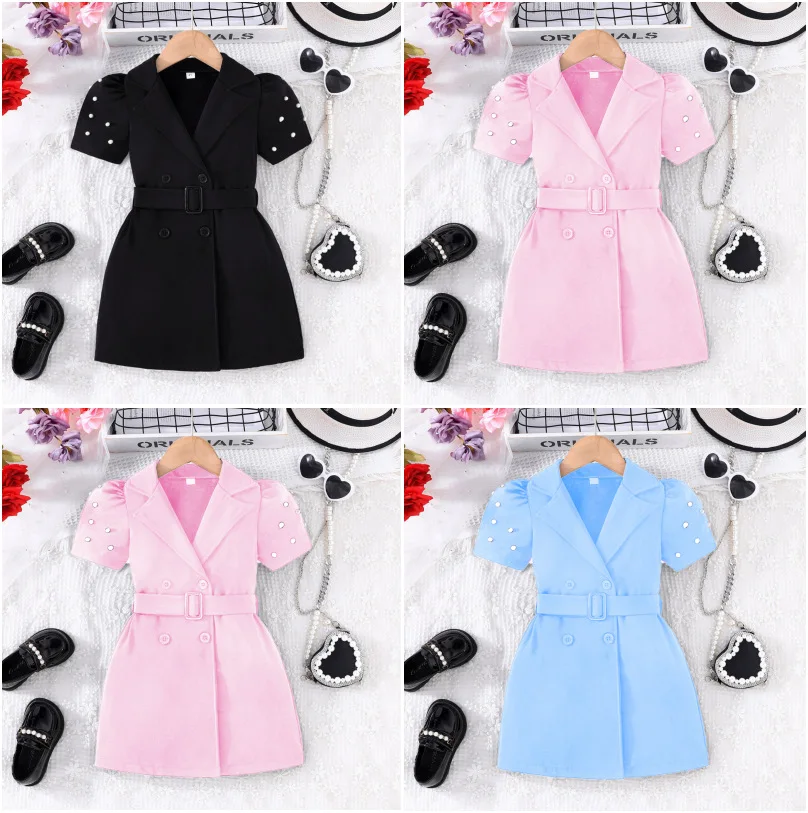 

2025 New Summer New Girls Solid Color Short-sleeved Casual Dress + Belt Two-piece Set