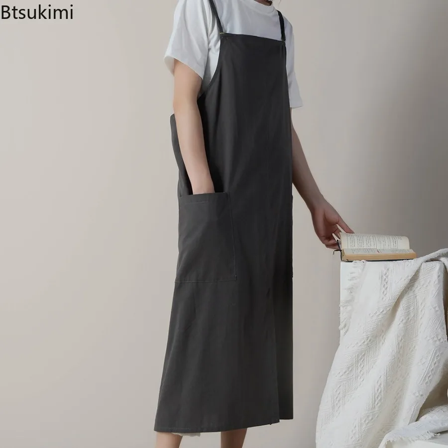 New Floral Kitchen Waterproof Cotton Linen Adjustable Korean Version Japanese Apron Advertising Bib Pocket Cafe Baking Kitchen