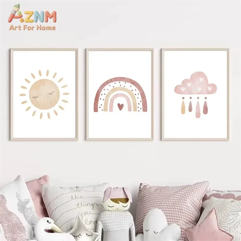 Boho Blush Pink Sun Rainbow Cloud Canvas Wall Art Watercolor Nursery Print Unframed Canvas Painting Baby Girls Bedroom Home