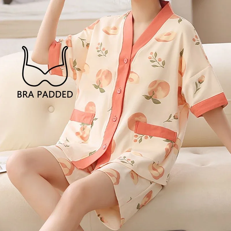 Summer Kimono Style Cardigan Women Pajamas Set Cartoon Sleepwear Korean V-neck Pijamas Chest Padded Nightwear M-5XL Shorts Pjs