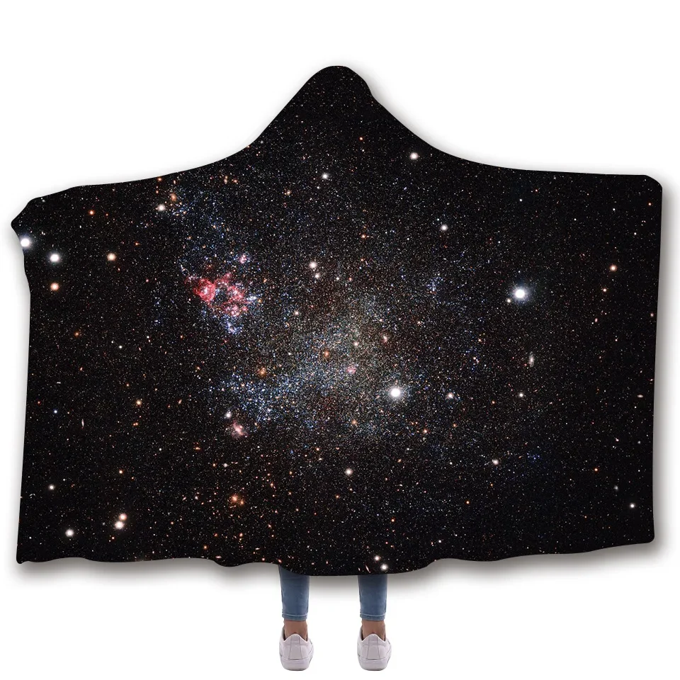 Manta con capucha con estampado de cielo estrellado para adultos y niños, forro polar Sherpa, Galaxy, manta usable para sofá, nuevo universo