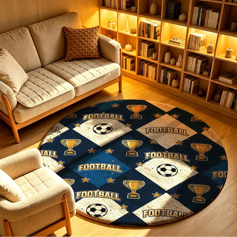 1 piece football trophy star-printed fabric round floor mat for living room, sofa, bedside, and home decoration