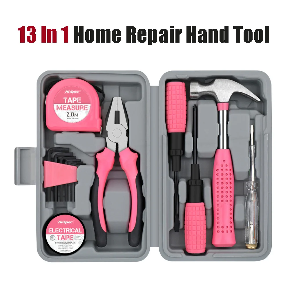 13 In 1 Multifunctional Home Repair Hand Tool Set Pliers Tape Measure Hammer Wrench Screwdriver Pink Hardware with Toolbox