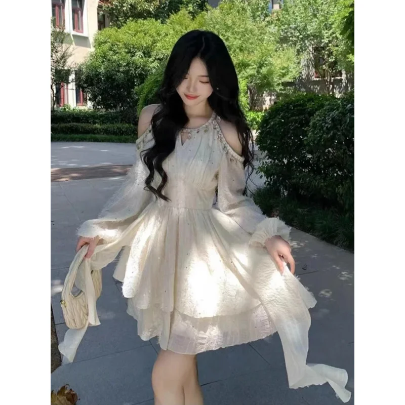

Women's Dress2025New Spring/Summer French Style Waist-Cinching Long Sleeve High-End Niche Off-Shoulder Adult Ceremony Dress