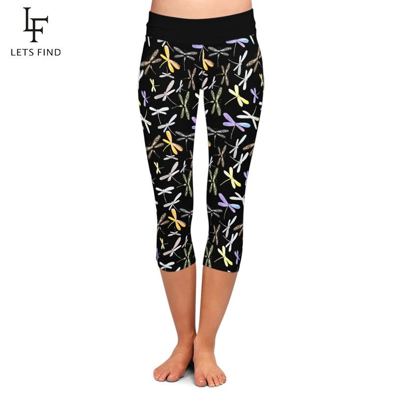 LETSFIND High Waist Women\'s Leggings 3D Dragonfly Print Capri Leggins Summer Soft Fitness Mid-Calf 3/4 Stretch Pants