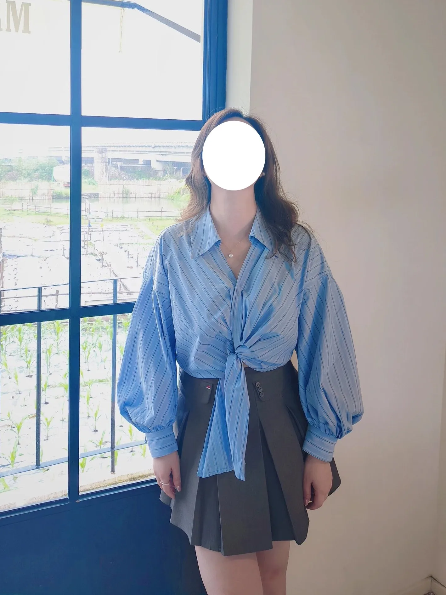 

Women's Short Neck Shirt Striped Tie Waist Long Sleeve Spring Commute Style Versatile Polyester Fiber 18-24 Years Old