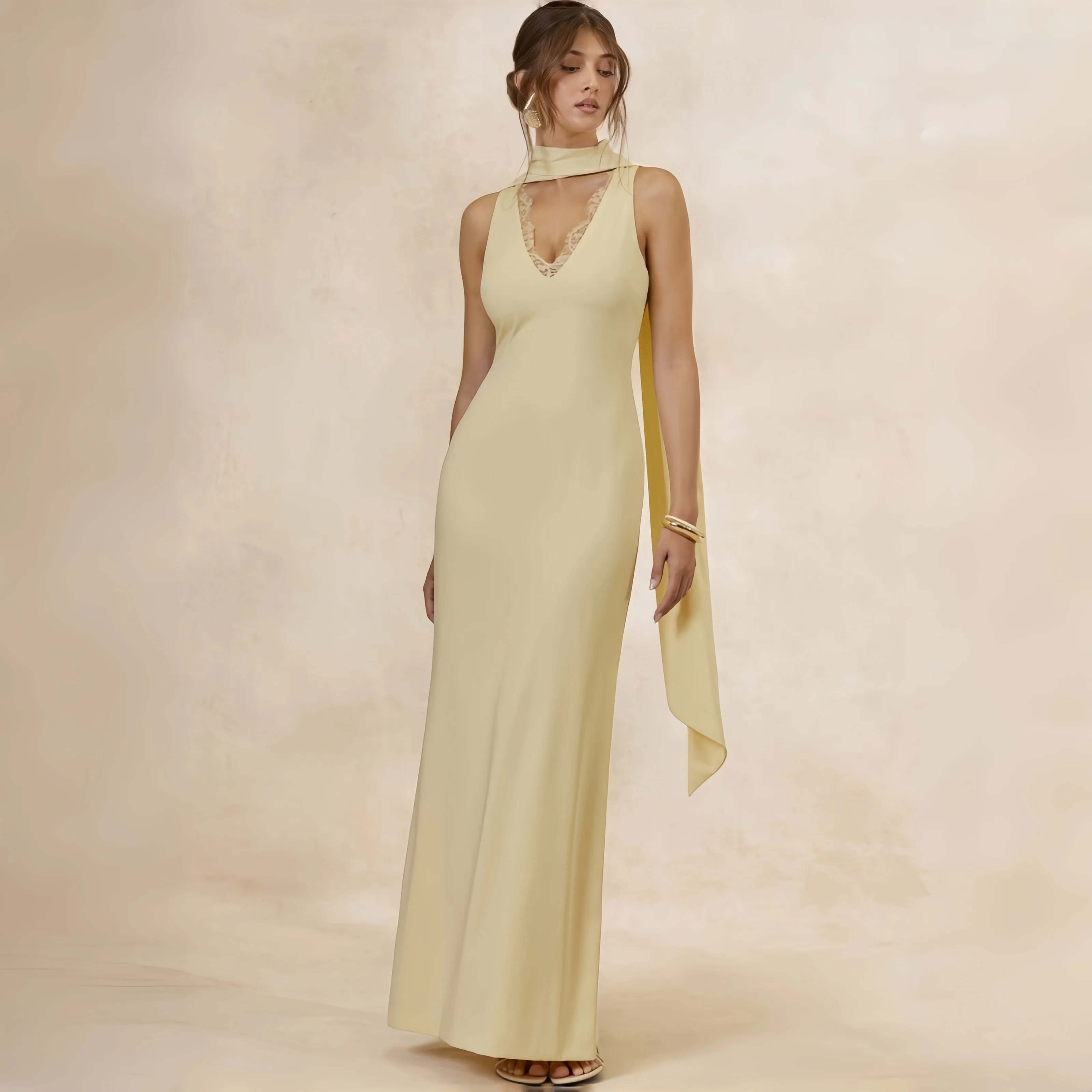 Elegant Women Wedding Guest Evening Party Gown Sleeveless V‑Neck Lace Decoration Figure‑Flattering Bridesmaid Banquet Homecoming