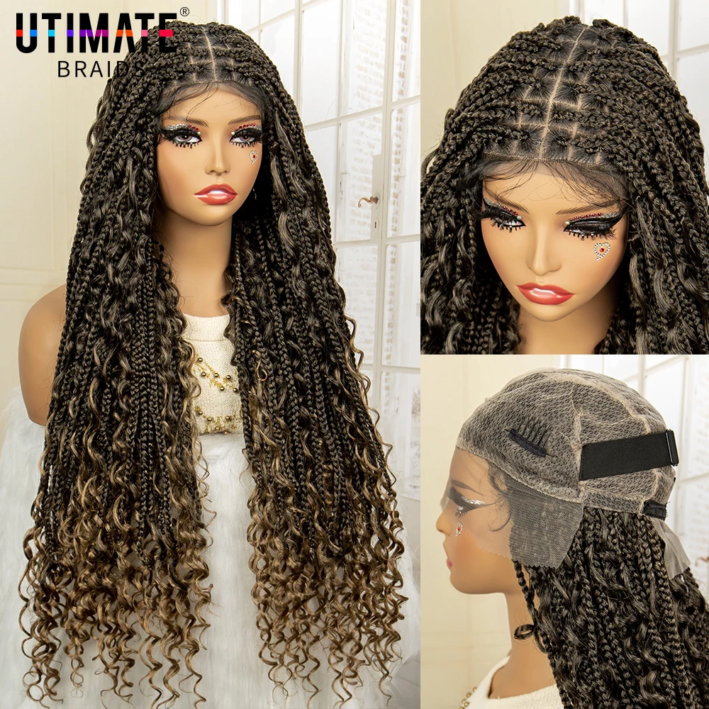 Boho Braids Synthetic Braided Wigs with Baby Hair for Women Light Brown Boho Braiding Hair Wigs 32 Inches Knotless Wig