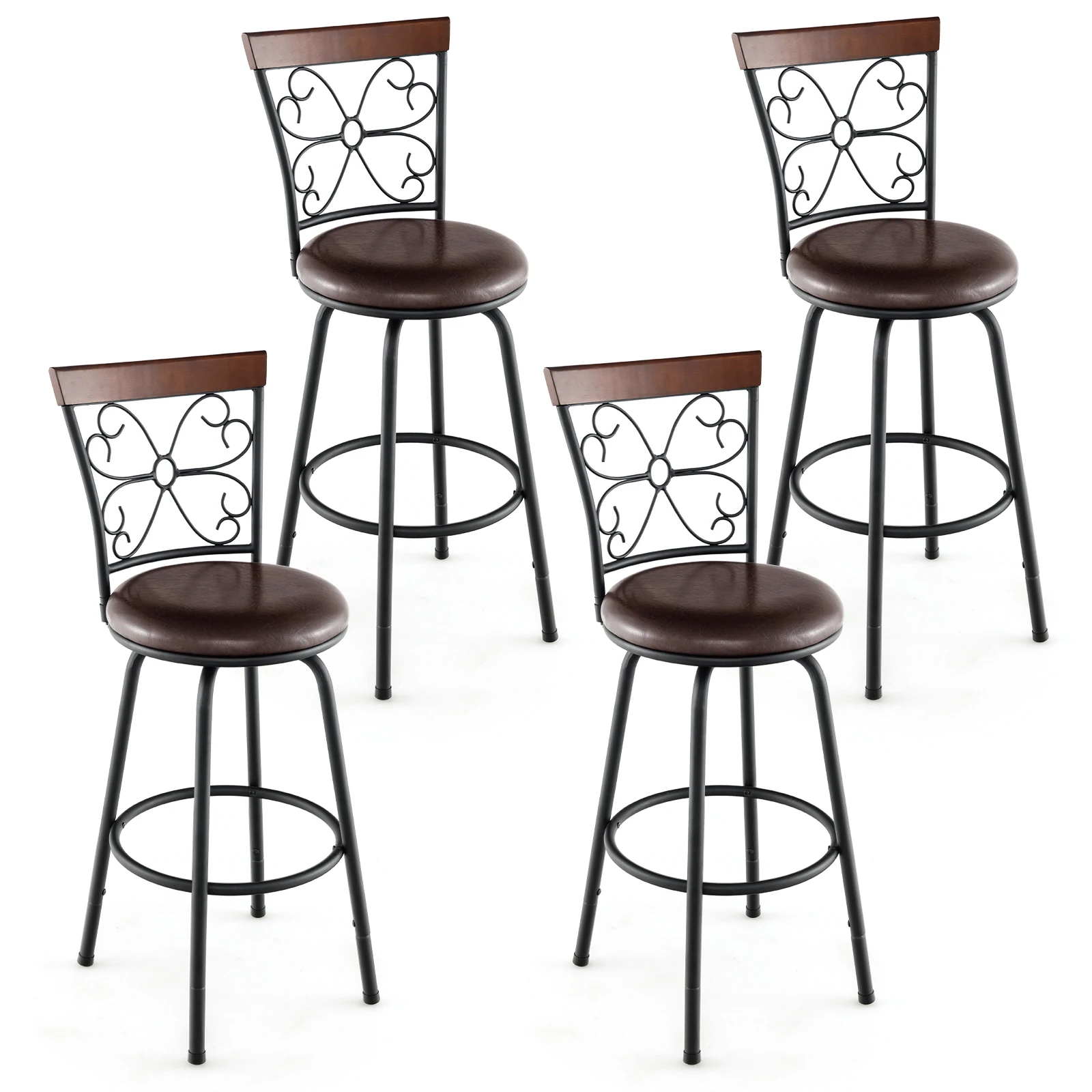 Set of 4 24/30 Inch Adjustable Swivel Barstools Metal Dining Chairs Black&Brown