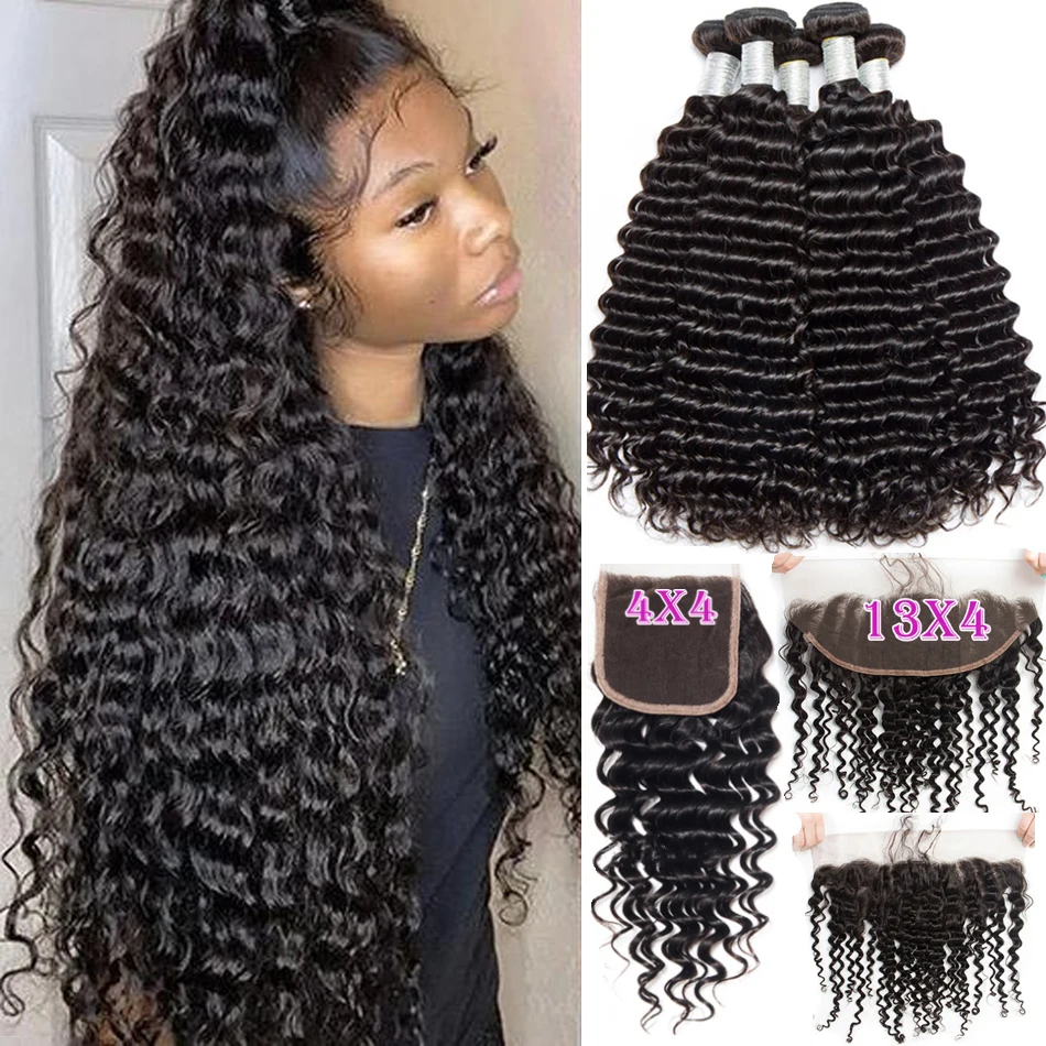 

Deep Wave Human Hair Bundles With 13x4 HDLace Frontal With Extensions Brazilian Curly Weave 3 4Bundles With 4*4Closure for Women