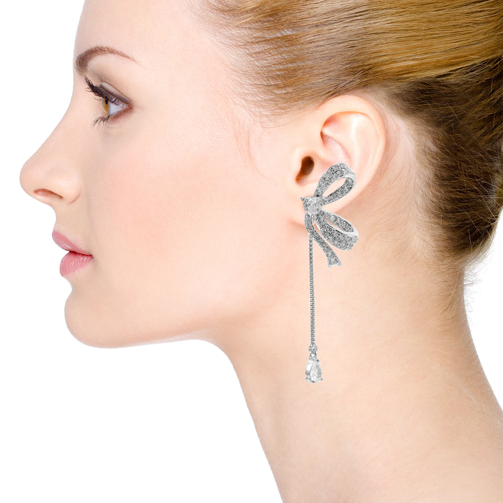 1 Pair Butterfly Bow Rhinestone Earrings For Women Silver Tassel Drop Crystal Statement Sparkly Long Lightweight Zircon Dangle