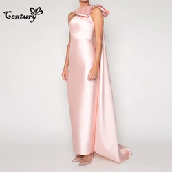 Blush Saudi Arabic Prom Dress Long 2024 Big Bow Sheath One Shoulder Satin Pageant Evening Gowns Dubai Formal Dresses Customized