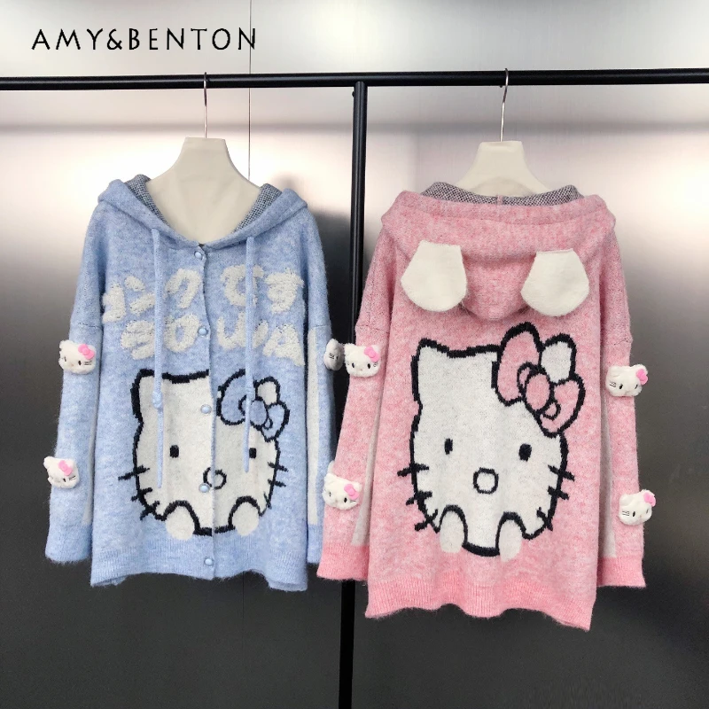 

Japanese Style Sweet Girl Cute Cartoon Jacquard Coat Versatile Loose Hooded Sweater Jacket For Women's Single-breasted Cardigan