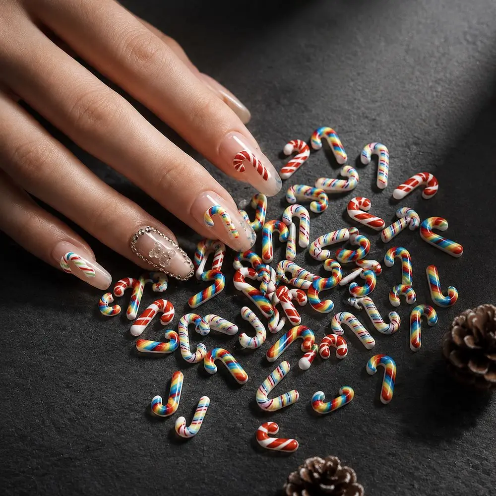 Christmas Holiday Nail Charms 50Pcs 3D Resin Mini Candy Cane Flat Back Ornament For Salon Manicure DIY Handmade Nail Decorations