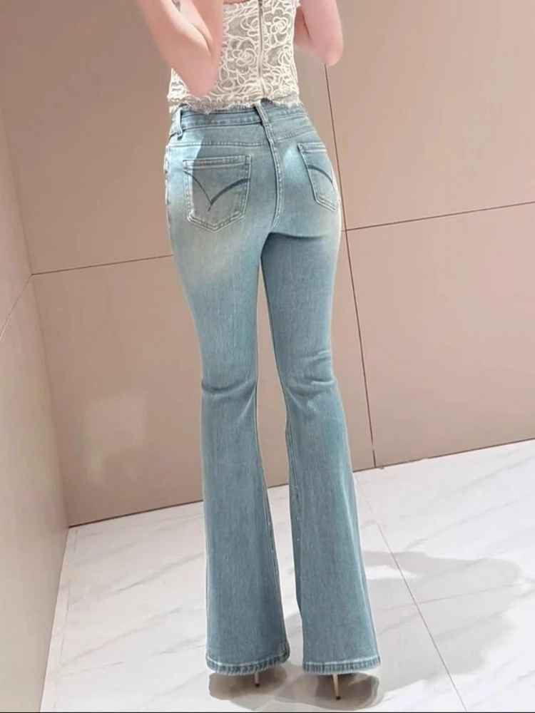 Mode Split Denim Broek 2025, Herfst Winter Nieuwe Hoge Taille Vrouwen Broek Slanke Zware Hot Diamond Elegante Flare Jeans dames