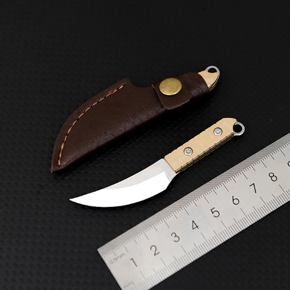 Mini stainless steel knife with brass handle, outdoor portable cutting, unboxing, keychain, knife with small leather case