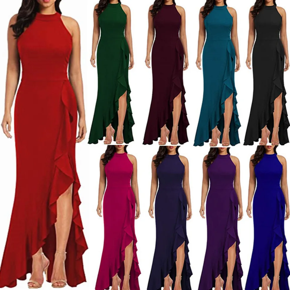 

2025 New Dress Women's High Neck Split Tight Mermaid Evening Dress Sleeveless Long Skirt European and American Women's Clothing