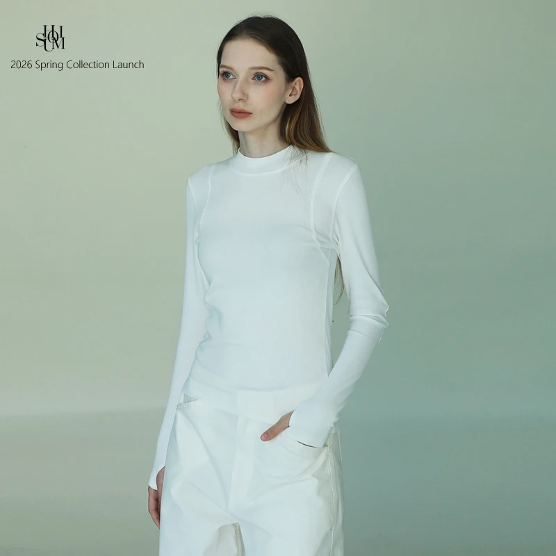 

American Sle Long Sve Knitted Spor Casual f High Collar White T-irt Women's Slim Fit Elastic Knit Base irt Top