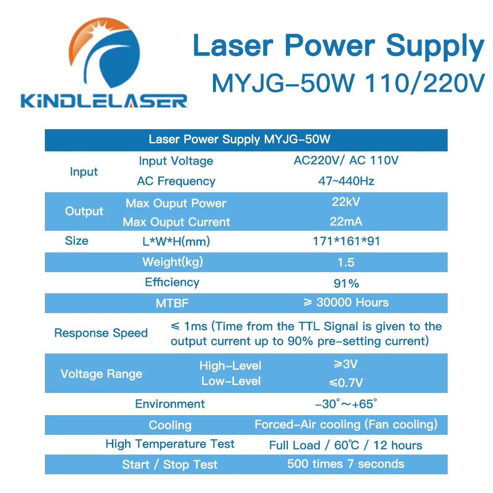 KINDLELASER 50W alimentatore Laser CO2 MYJG-50W 110V/220V per macchina da taglio per incisione di tubi Laser