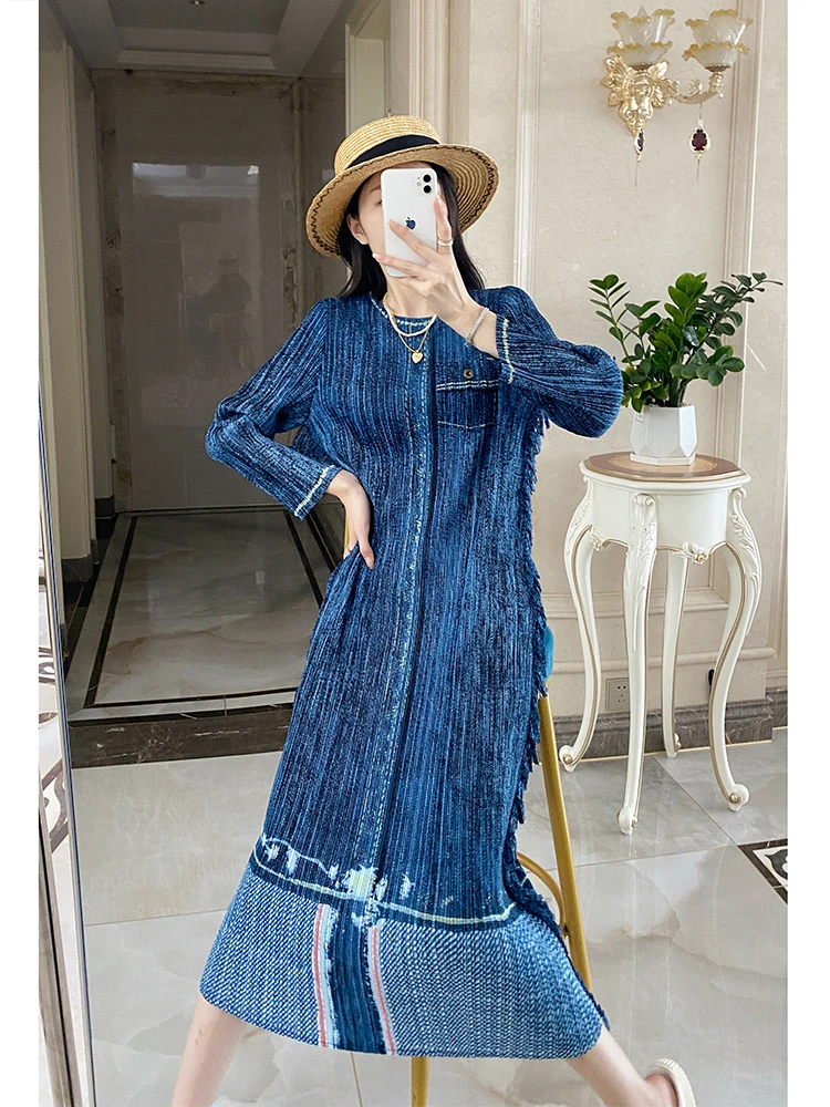 SMVP 여성 우아한 드레스 2025 봄 가을 새로운 Pleated 데님 컬러 라운드 넥 긴 소매 느슨한 대형 디자인 드레스