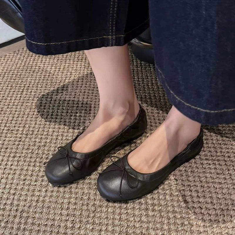 Women Soft Ballet Flats Bow Decor Round Toe Foldable Slip‑on Shoes Casual Comfortable Lightweight Flats for Daily Office Party